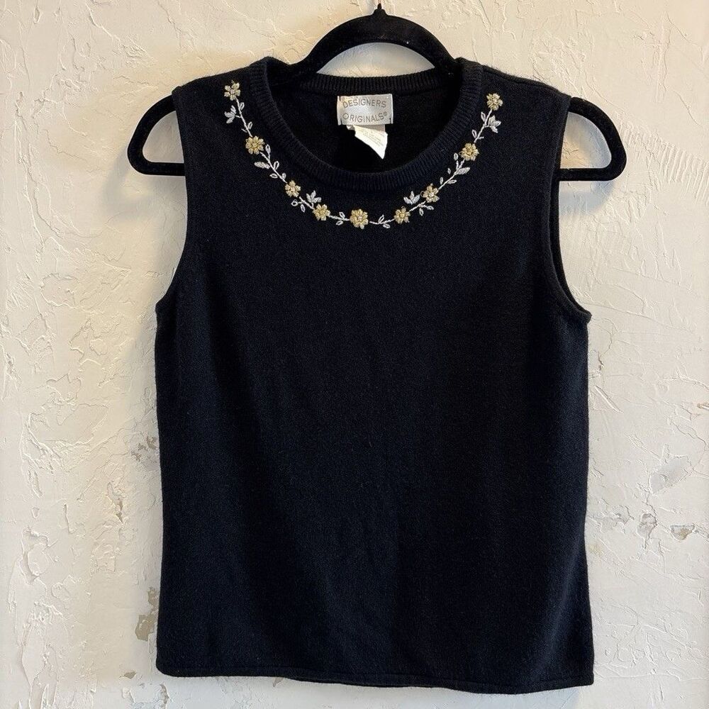VTG Designers Originals Luxelon Black Sweater Vest Floral Embroidered Women’s S